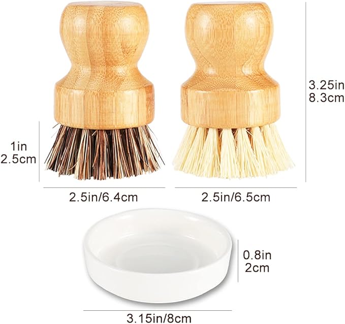 Bamboo Dish Brush with Ceramic Dish, Natural Bristle Palm Brush Pot Scrubber for Cast Iron Pans Vegetables and Kitchen Sink Cleaning - 2 Pack
