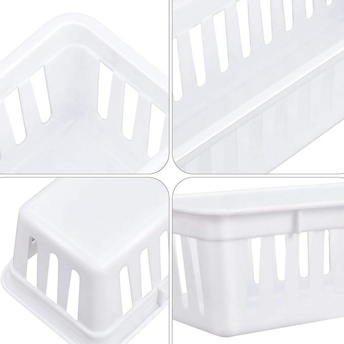 Domensi 12 Pack Slim Plastic Storage Baskets Tray for Organizing 10.25 x 3.25 x 2.5 Inch Small Narrow Storage Bins Stackable Drawer Pencil Trays Holder for Desk Garage Cabinet Containers(White)