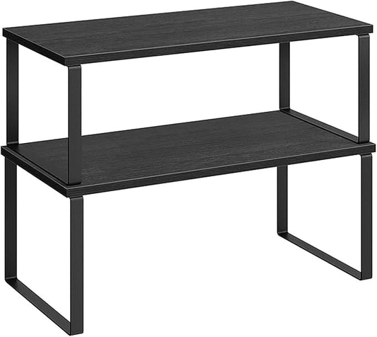 Cabinet Organizer Shelf, Kitchen Counter Storage, 2-Piece Set, Stackable Spice Rack, Metal and Wood (Black and Charcoal Black)