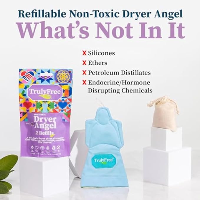 Truly Free Dryer Angel - Natural Dryer Sheet Alternative, Non-Toxic Reusable Fabric Softener Sheets and Scent Booster, Safe for Babies and Sensitive Skin, Laundry Room Essentials - 2 Packs + 2 Refills