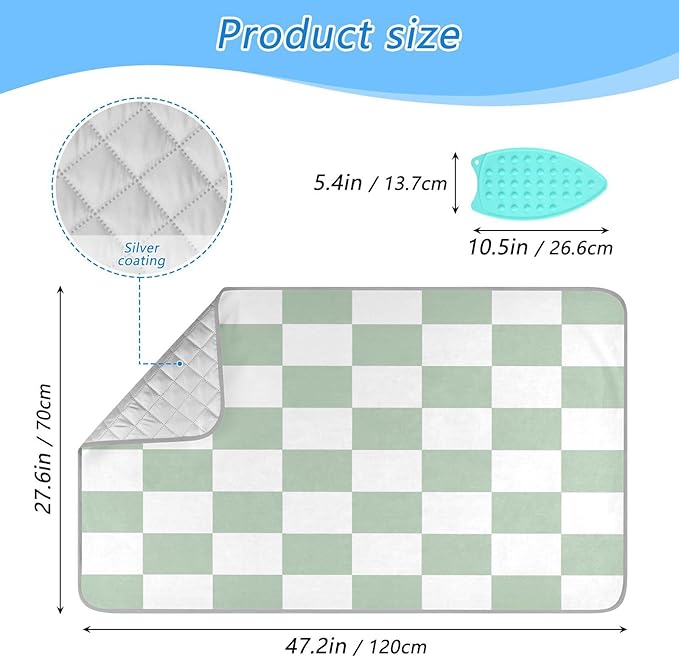Checkered Green and White Png Ironing Mat Thickened Ironing Blanket Travel Portable Double-Side Using Ironing Pad Travel Isolate Heat Pad Cover for Washer Dryer Table Top Countertop 27.6x47.2in