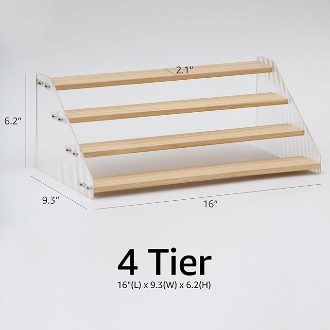 nianfeng Tiered Spice Rack, 4-Tier Spice Pantry Kitchen Cabinet Organizer, 16-Inch, Natural Wood Acrylic Stair Riser Stand, Countertop Seasoning Shelf