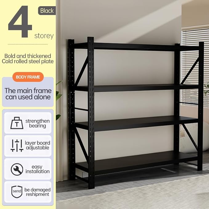 Storage Shelves Heavy Duty, Metal Garage Shelving Units, 4 Tier Storage Rack Shelf, Steel Industrial Shelving, Adjustable Standing Shelf for Basement/Warehouse (Black, W47.24*D19.69*H78.74)