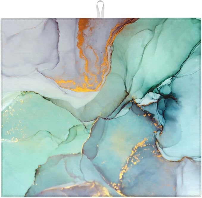 Teal Marble Golden Swirls Pattern Microfiber Dish Drying Mat For Kitchen Countertop Absorbent Reversible Drainer Rack Pad 18 X 16 Inch