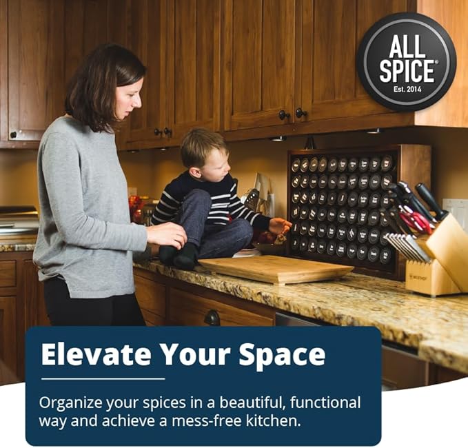 AllSpice Spice Rack Organizer, Wood, 525 Unique Labels, Countertop or Wall Mount, Includes 30 4oz Jars- Walnut Stain
