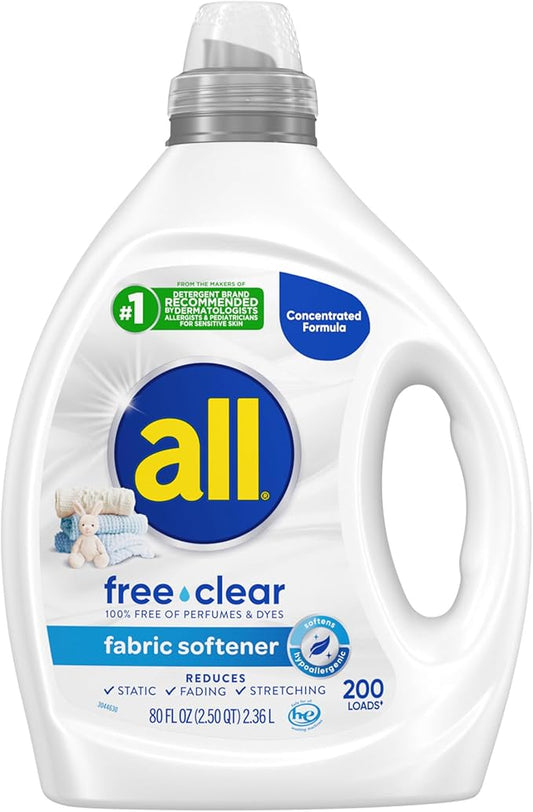 all free clear, Original, Liquid Fabric Softener for Sensitive Skin, Unscented and Hypoallergenic, Concentrated, 80oz, 200 Loads