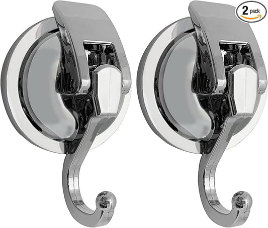 Heavy Duty Suction Cup Hooks for Shower, Bathroom Robe - Vacuum Glass Hooks, Reusable, No Hole Punched, for Garland Decoration (Silver, 2 Pack)