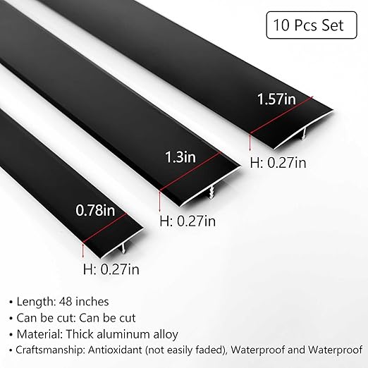 10Pcs Aluminum T Molding Floor Transition Strip, 48In Aluminum T Molding Trim, Floor Strip Floor Flat Divider Strip for Joining Floor Gaps, Threshold, Floor Tiles (Black, 4ft x 1.3in 10Pcs)