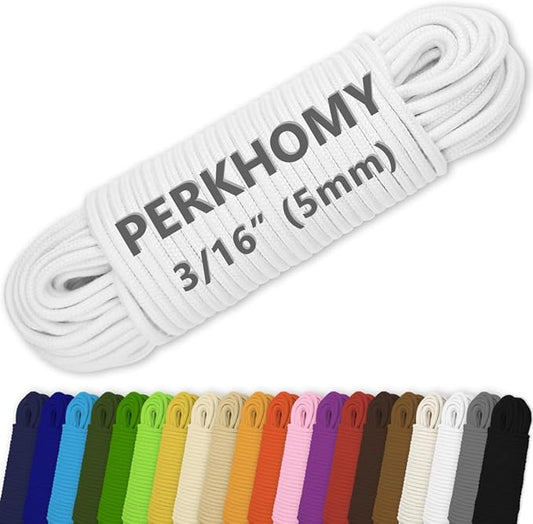 PerkHomy Cotton Rope 3/16" (5mm) 100 ft Multi Purpose Utility Diamond Braided Cord, Natural Cotton for Clothes Line Camping Crafting Flag Pole, White