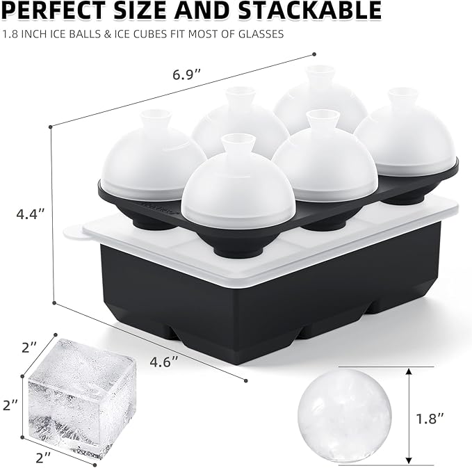 HONYAO Whiskey Cocktail Ice Mold, Easy Fill and Release Silicone Round Ice Ball Maker Mold Large Square Ice Cube Tray with Lid - 6 Ice Balls + 6 Ice Cubes Black