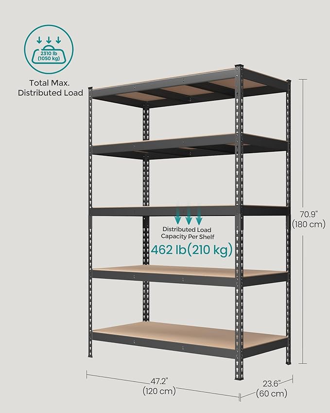 SONGMICS 5-Tier Storage Shelves, Load 2310 lb, Set of 2 Garage Storage, Boltless Assembly, Adjustable Shelving Unit, 23.6 x 47.2 x 70.9 Inches, for Study Shed Basement, Gray UGLR600G02