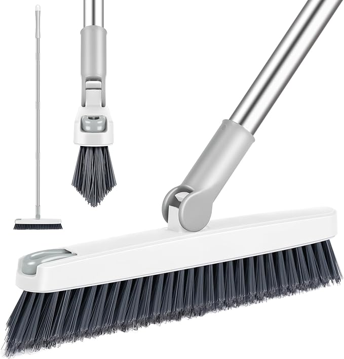 AIR U+ Grout Brush with Long Handle 180° Swivel Scrub Brush with Tweezers to Hair Clip V-Shape Grout Line Scrubber Stiff Bristles for Deep Cleaning Crevice, Tile Line, Shower, Kitchen, Corners(White)