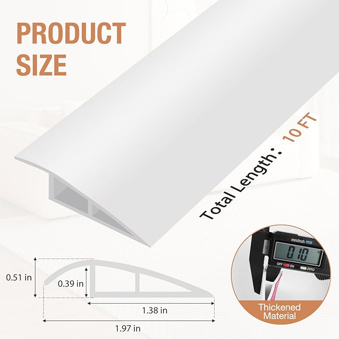 Floor Transition Strip Self Adhesive Vinyl Door Threshold for Doorways Carpet Edging Trim Overlap Edge Reducer for Laminate Floor, Carpet, Tile (White, 1/5" to 2/5", 10Ft)