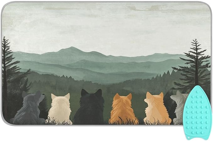 Cute Wolves Back and Green Mountain Ironing Mat Thickened Ironing Blanket Travel Portable Double-Side Using Ironing Pad Travel Isolate Heat Pad Cover for Washer Dryer Table Top Countertop 27.6x