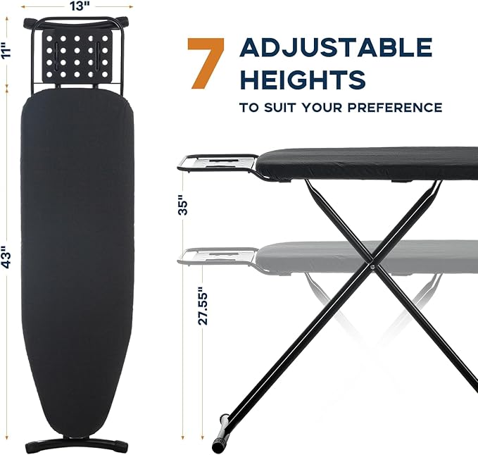 Ironing Board Full Size, RAINHOL 54"x13" Heavy Duty Compact Ironing Board with Iron Rest, Heat Resistant Cover with Ultra Thick Padding, Height Adjustable Sturdy Iron Stand, Black