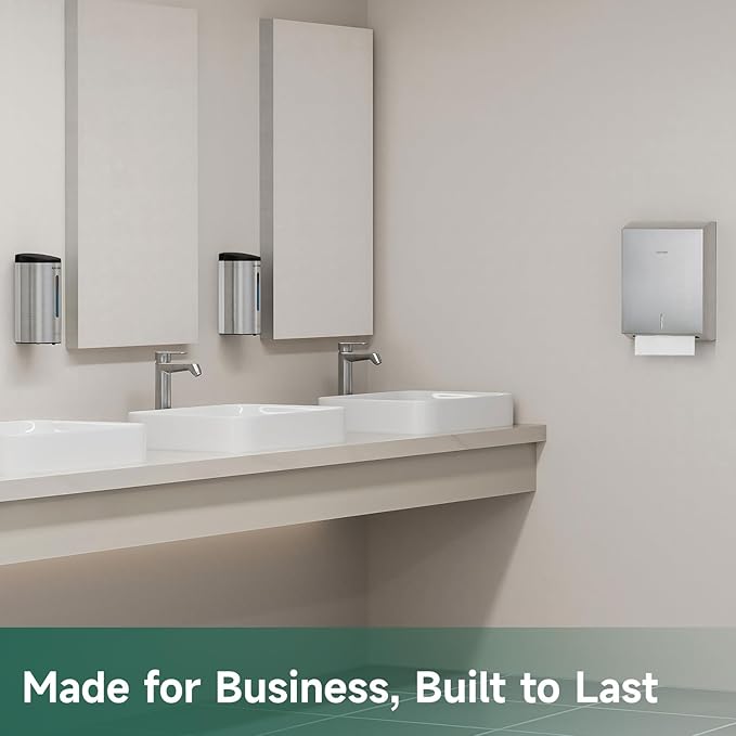 Commercial Paper Towel Dispenser Wall Mount 400-Sheet Capacity Brushed Stainless Steel Lockable Fits Multifold/Z-Fold Towels (Folded Size ≤ 10.6" x 3.9")
