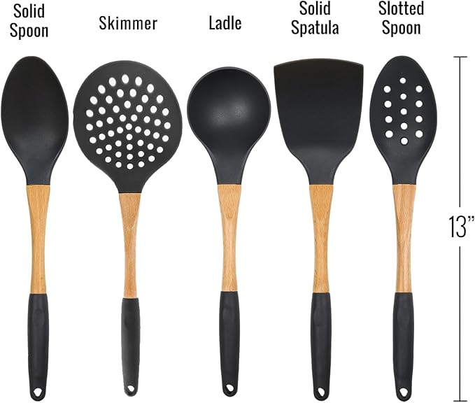 Beille 5pc Dark Grey Nylon Wooden Kitchen Utensils with Cooking Spoons, Soup Ladle, Skimmer Spoon and Spatula, 13 Inch
