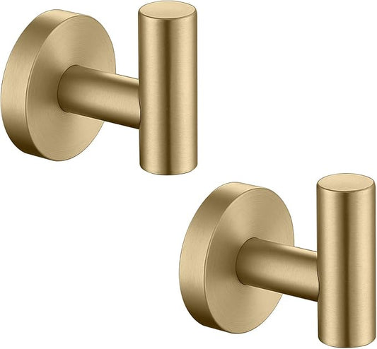 TASTOS Brushed Gold Bathroom Towel Coat Hook Stainless Steel, 2 Pack Robe Clothes Cabinet Closet Sponges Hooks Holder Round Style Heavy Duty Wall Hook for Bathroom Kitchen Hotel Wall Mounted
