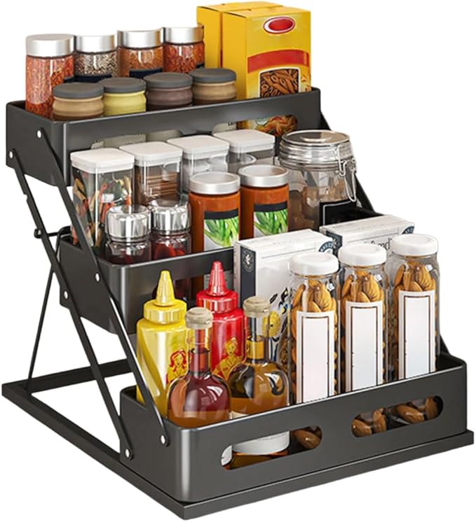 Bokelai Spice Rack 3 Tier Foldable Seasoning Organizer Jars Storage Holder Step Shelf for Cabinet Kitchen Countertop Pantry Coffee Bar Black