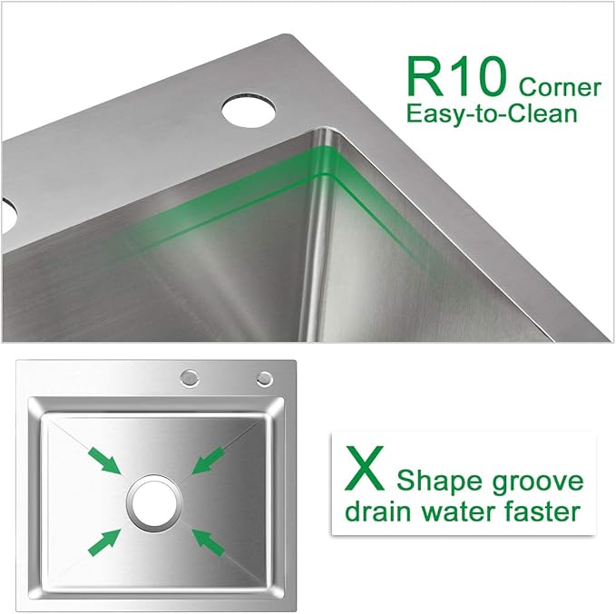 23x18 Inch Kitchen Sink, Handmade 304 Stainless Steel Sink, 9" Deep Single Bowl with Brushed Finish, Topmount with 2 Holes, R10 Tight Corner, for Modern Kitchen/RV/Outdoor Sink