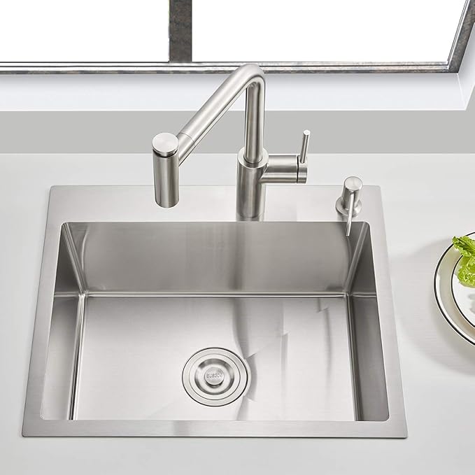 23x18 Inch Kitchen Sink, Handmade 304 Stainless Steel Sink, 9" Deep Single Bowl with Brushed Finish, Topmount with 2 Holes, R10 Tight Corner, for Modern Kitchen/RV/Outdoor Sink