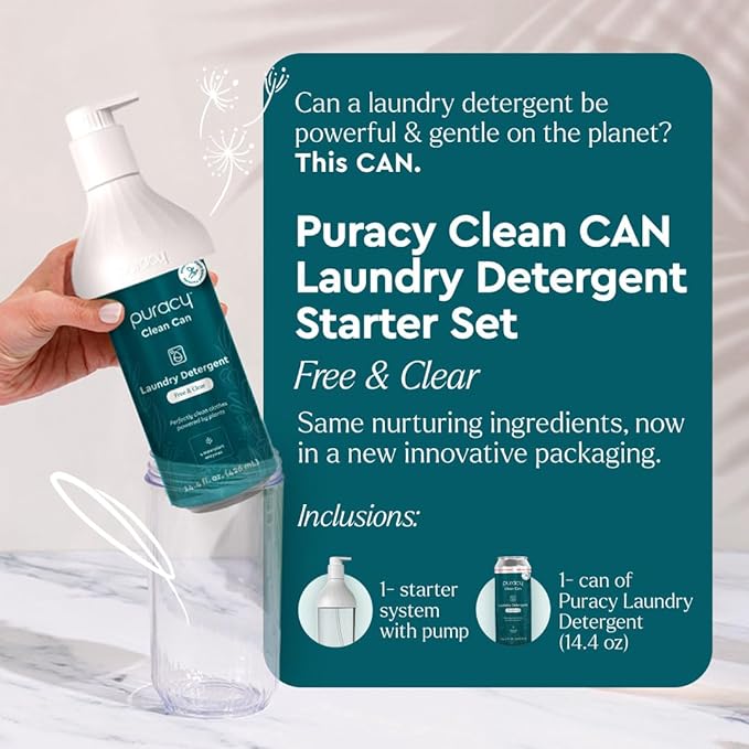 Puracy Liquid Laundry Detergent Clean Can Starter Set - Enzyme-Powered Liquid Laundry Detergent Concentrate, Natural Laundry Detergent Seen on TikTok, Non-Toxic (Free & Clear, 14.4 fl oz)