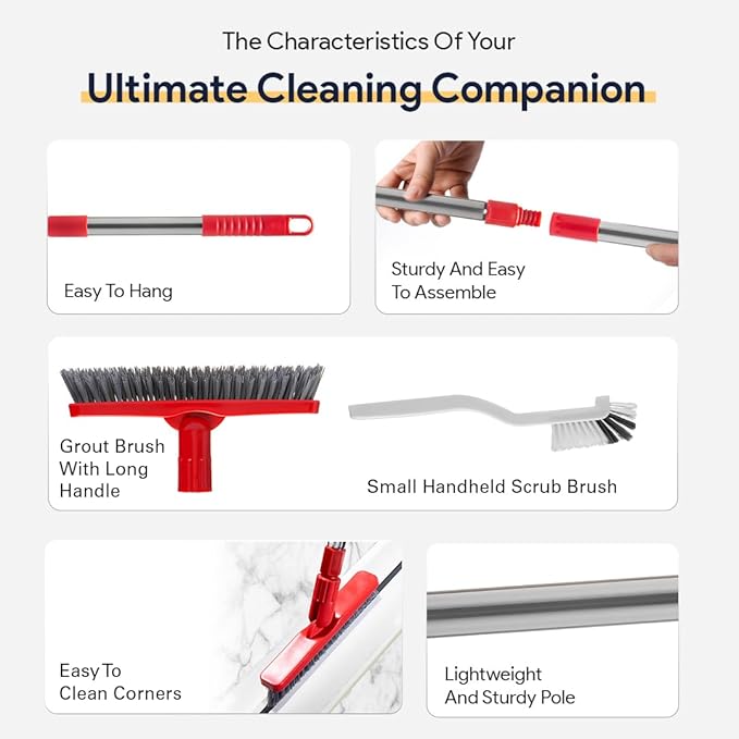Foxtrot Living Grout Brush with Long Handle & Handheld Stiff Bristle Scrubber, V-Shaped Cleaner with Telescopic Handle for Easy Cleaning & Storage - Tile Floor Cleaning Brush