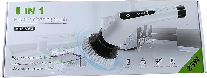 Electric Spin Scrubber, Cordless Bath Tub Power Scrubber with 8 Replaceable Drill Brush Heads, Shower Cleaning Brush with Adjustable Handle for Bathroom, Tile Floor & Car, White, (ANS-8050)