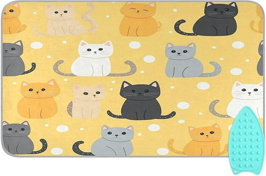 Yellow Polka Dot Cat Ironing Mat Thickened Ironing Blanket Travel Portable Double-Side Using Ironing Pad Travel Isolate Heat Pad Cover for Washer Dryer Table Top Countertop 27.6x47.2in