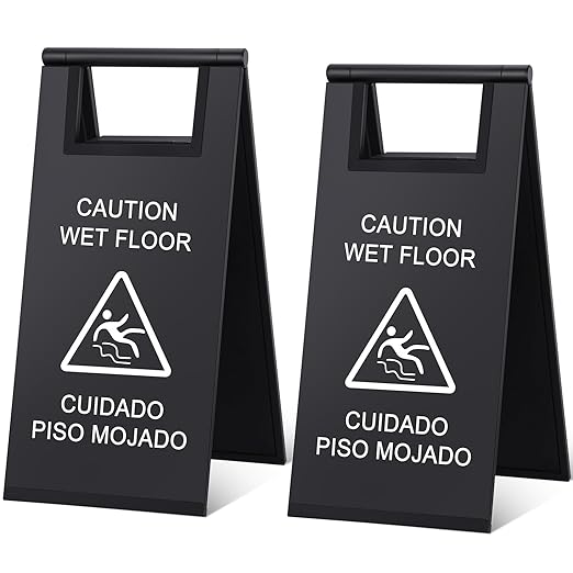 Kigley 2 Pcs Wet Floor Sign, 17 Inch Stainless Steel Caution Wet Floor Sign Double Sided Portable Foldable Bilingual Safety Warning for Hotel Market Restroom Restaurant Office (Black)