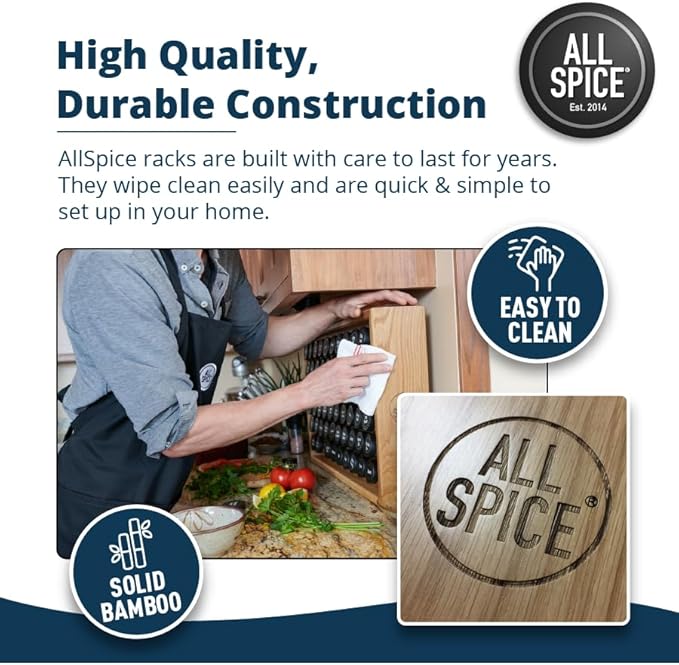 AllSpice Spice Rack Organizer, Wood, 525 Unique Labels, Countertop or Wall Mount, Includes 30 4oz Jars- Walnut Stain