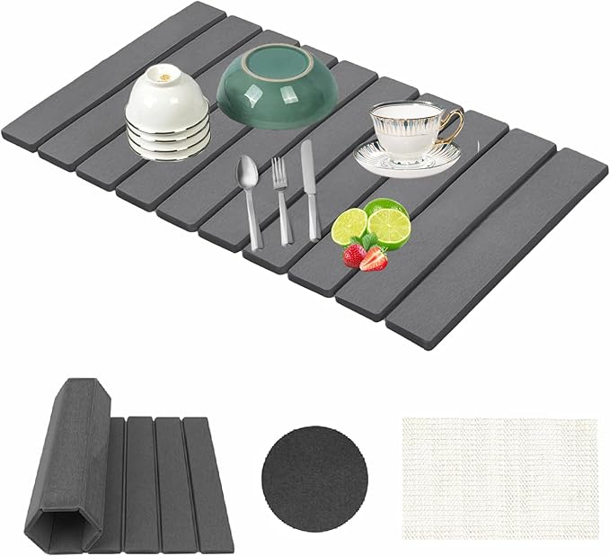 Stone Drying Mat for Kitchen Counter, Collapsible Dish Drying Mat, Fast Drying Diatomaceous Earth Dish Drying Mats, Water Absorbent Diatomite Kitchen Mat (dark grey, medium)