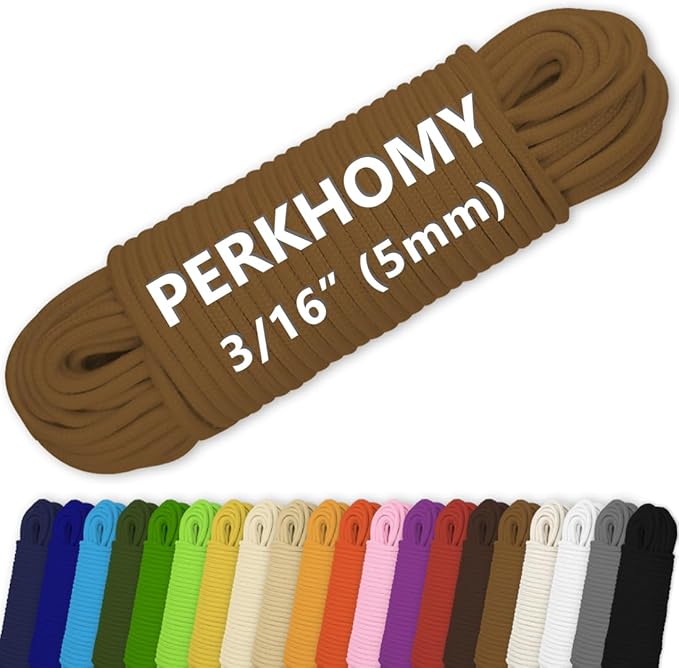 PerkHomy Cotton Rope 3/16" (5mm) 100 ft Multi Purpose Utility Diamond Braided Cord, Natural Cotton for Clothes Line Camping Crafting Flag Pole, Brown