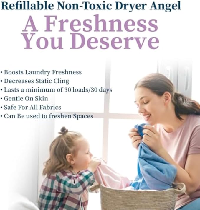 Truly Free Dryer Angel - Natural Dryer Sheet Alternative, Non-Toxic Reusable Fabric Softener Sheets and Scent Booster, Safe for Babies and Sensitive Skin, Laundry Room Essentials - 2 Packs + 2 Refills