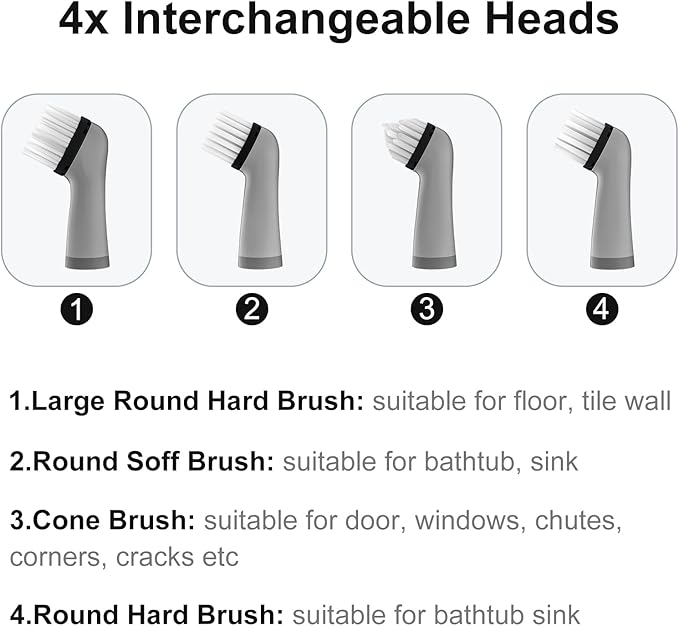 SOARING Electric Cleaning Brush with 4 in 1 Multiple Brush Heads,Indoor Household Cordless Motorized Brush for Bathroom Toilet Kitchen Tile Crevice(Black)