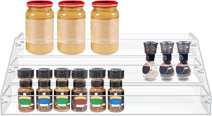 PMMASTO Widen Tiered Spice Rack, Seasoning Organizer, Clear Acrylic Vertical Shelves Can Organizer for Countertop, Cabinet, Pantry, Kitchen Organization and Storage - 3 Tier