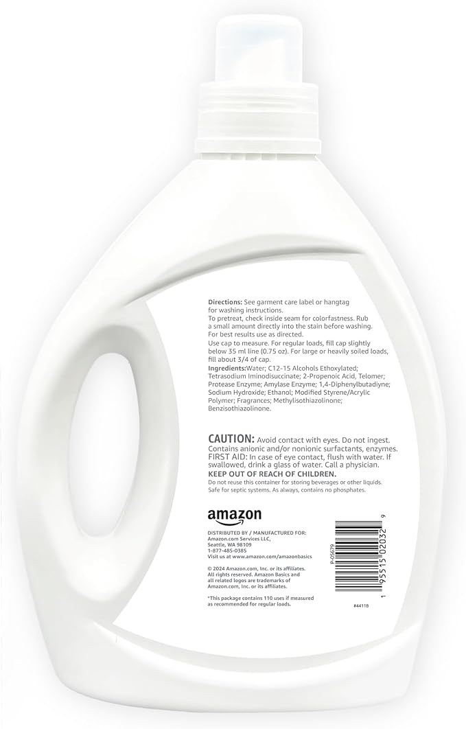 Amazon Basics Concentrated Liquid Laundry Detergent, Free of Perfumes & Clear of Dyes, 110 loads, 82.5 Fl Oz (Previously Solimo)