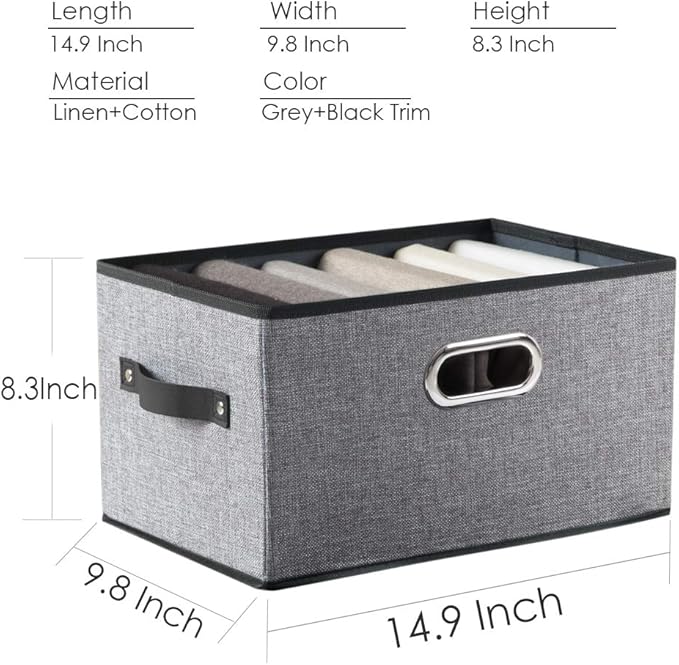 PRANDOM Large Foldable Storage Bins for Shelves [3-pack] Decorative Linen Fabric Storage Baskets Cubes with Leather/Metal Handles for Closet Nursery Office Grey and Black Trim (14.9x9.8x8.3 Inch)