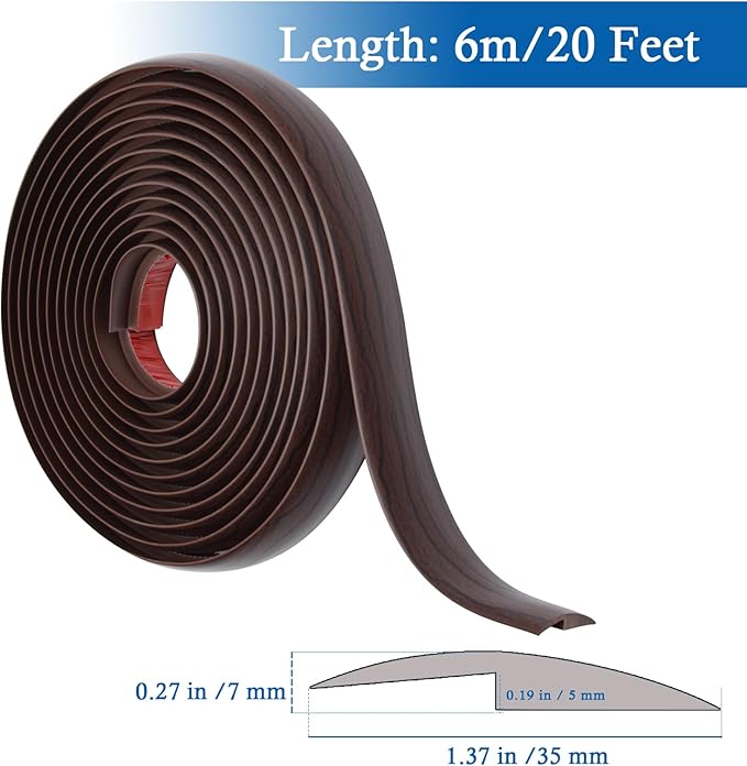 Floor Transition Strip Self Adhesive Carpet & Flooring Transitions Edging Trim Strip PVC Threshold Transitions Suitable for Threshold Height Less Than 5mm (20Ft, Black Walnut)