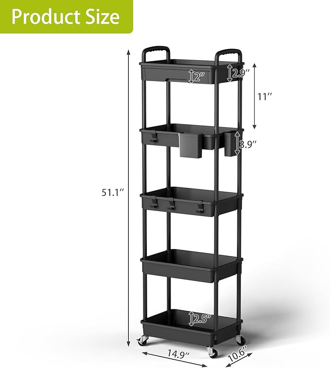 5 Tier Rolling Cart Organizer,Bathroom Cart Organizers with Wheels Laundry Room Organization Mobile Shelving Unit Utility Cart Storage Shelves Multi-Functional for Office, Home(Black)