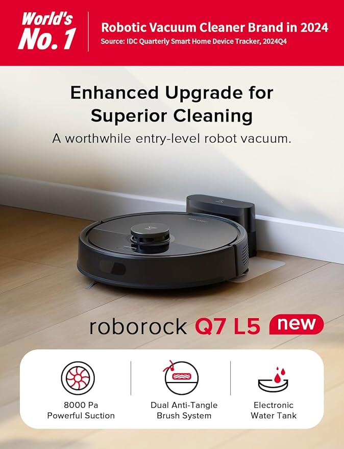 roborock Q7 L5 Robot Vacuum and Mop Combo, 8,000Pa Suction, Upgraded from Q5 Pro, Dual Anti-Tangle System, LiDAR Navigation, Multi-Level Mapping, Self-Charging Robotic Vacuum Cleaner, Black
