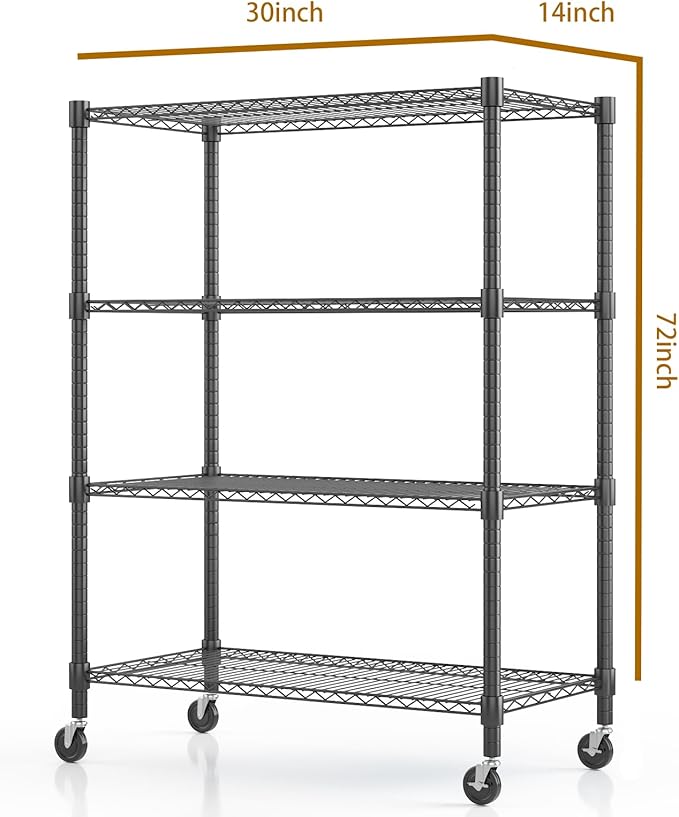 Himimi 72" H Wire Shelving Unit Storage, Metal Storage Shelves with Wheels, Heavy Duty Shelves with 4-Tier Adjustable Layer Rack Strong Steel for Kitchen Pantry Basement, 14" D×30" W×72" H, Black