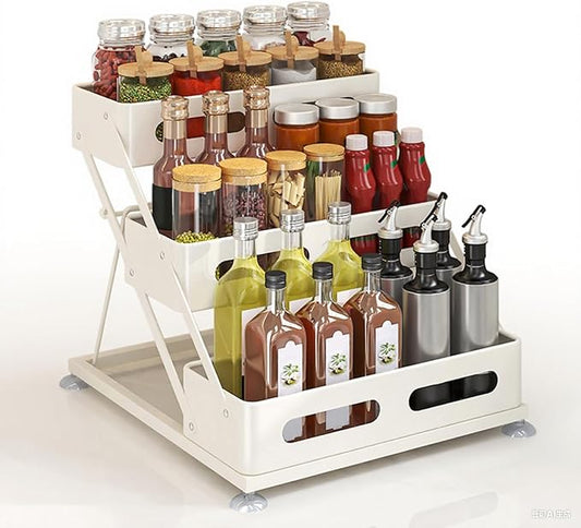 Bokelai Spice Rack 3 Tier Foldable Seasoning Organizer Jars Storage Holder Step Shelf for Cabinet Kitchen Countertop Pantry Coffee Bar White