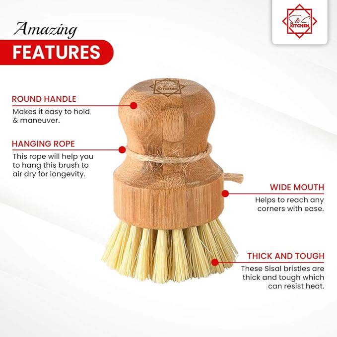 Bamboo Scrub Brush - S&C Kitchen, Cleans Pan/Vegetable/Dishes/Wok, Scrub Brush Dishes for Kitchen/Bathroom, Made Out of Palm & Sisal Bristles with a Handle, Vegetable Brush for Cleaning, Set of 3