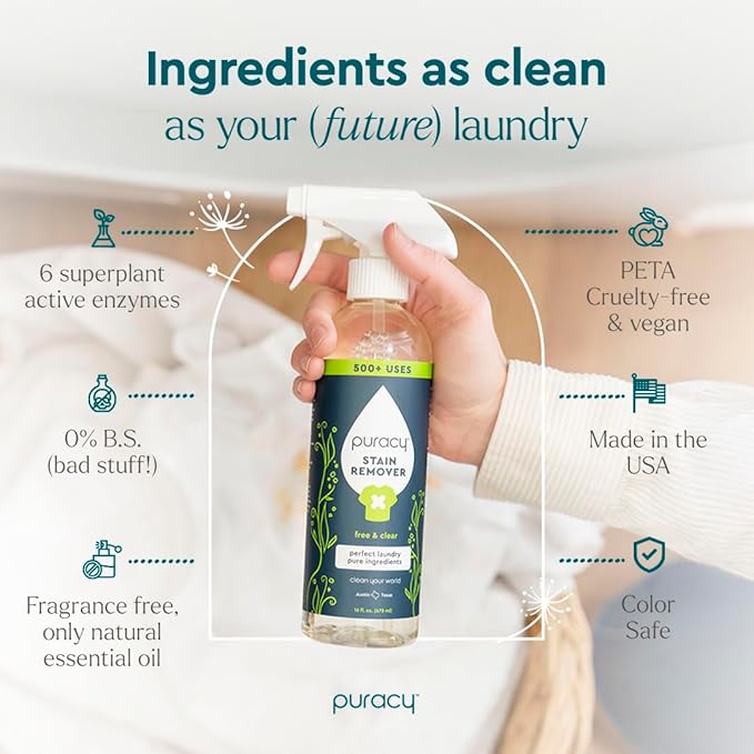 Puracy Stain Remover, Natural Based Travel and Laundry Stain Cleaner for Clothes, Baby Essentials, Kids Stains, Oil and Fabric Spot Cleaner, Unscented (Stain Remover Spray, 12 fl oz)