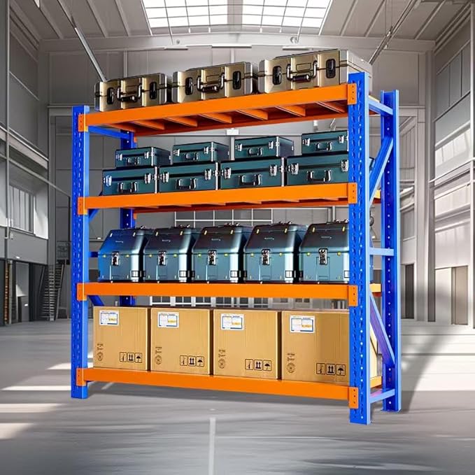 Industrial Metal Storage Shelves - Large, Heavy Duty, 4 Levels, Blue & Orange, Warehouse Racking - 23.62D x 78.74W x 78.74H