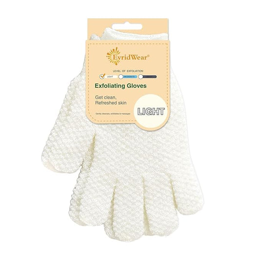 Evridwear Exfoliating Dual Texture Bath Gloves for Shower, Spa, Massage and Body Scrubs, Dead Skin Cell Remover, Gloves with Hanging Loop (1 Pair Light Glove)