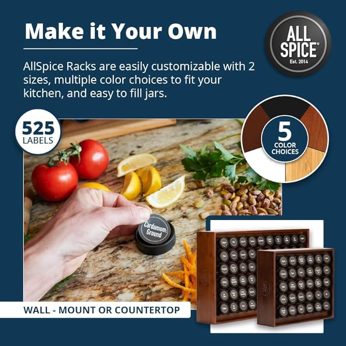AllSpice Spice Rack Organizer, Wood, 525 Unique Labels, Countertop or Wall Mount, Includes 30 4oz Jars- Walnut Stain