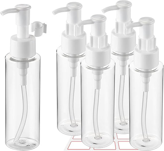 5 Pack 3.4 Oz/100ml Travel Pump Bottle TSA Approved Empty Plastic Pump Bottles Dispenser Portable Refillable Container Clear Lotion Dispenser Bottle for Shampoo Shower Gel