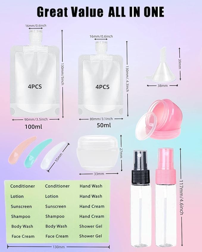 17 Pack Travel Pouches for Toiletries,TSA Approved,Travel Size Portable Containers,Stand Up Pouch,Refillable Travel Accessories for Shampoo Conditioner Lotion Soap Liquids (C-17pcs)